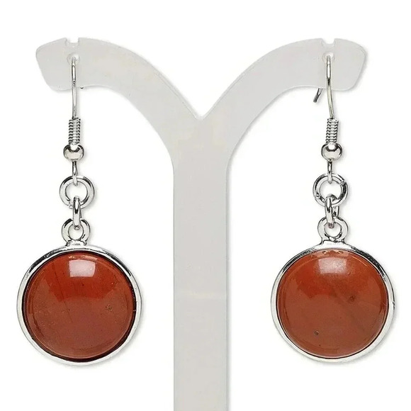 Handcrafted Natural Brecciated Jasper Gemstone Cabochon Silver Dangle Earrings - Picture 1 of 1